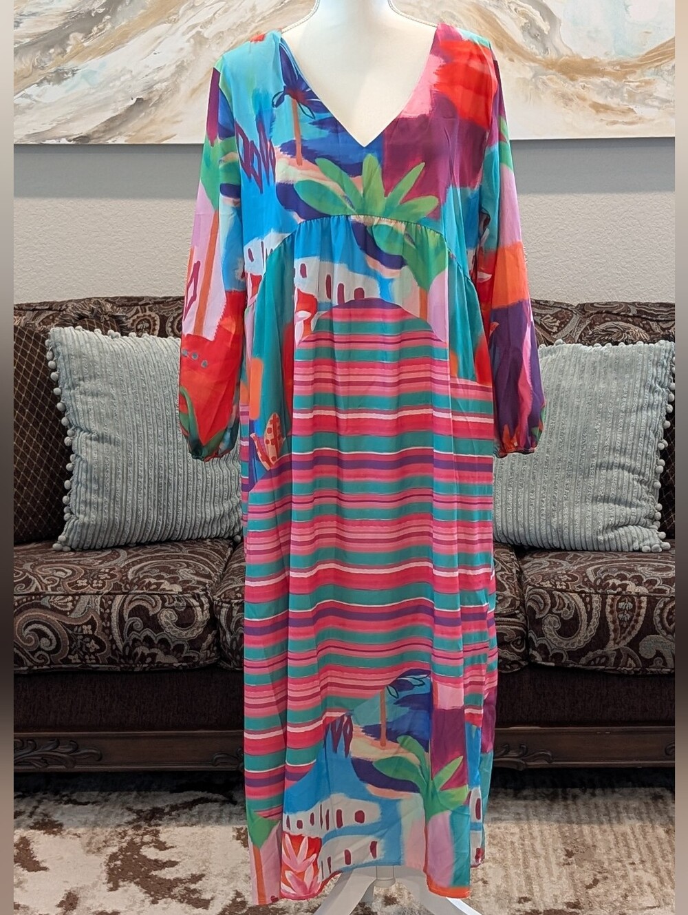 Vibrant Tropical Stripe Maxi Dress - Multicolor